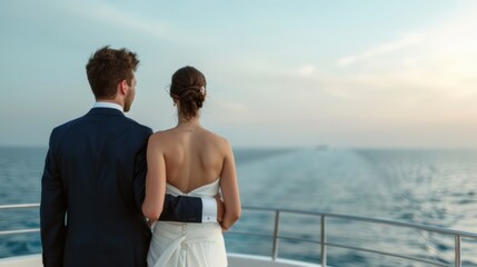 Fototapeta premium Romantic Yacht Wedding: Couple Celebrating on Deck with Guests, Spectacular Ocean View and Joyful Atmosphere