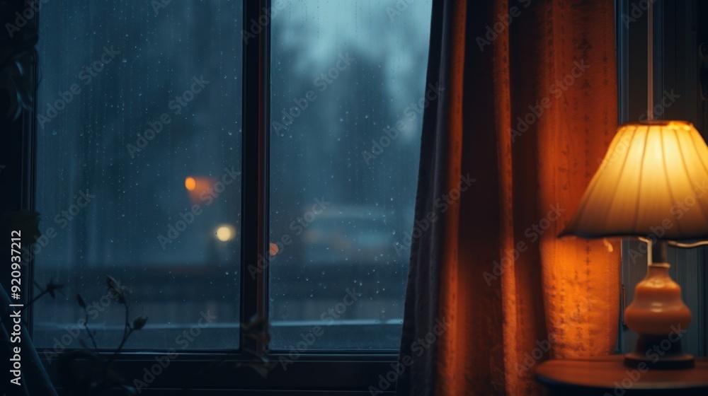 Poster a lamp sits on a table next to a window with rain drops on the glass.