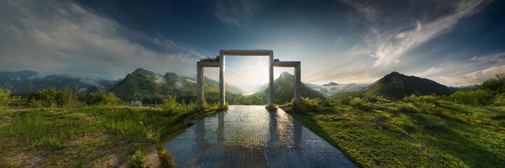 Fototapeta premium temple nature frame gate door horizon mountain