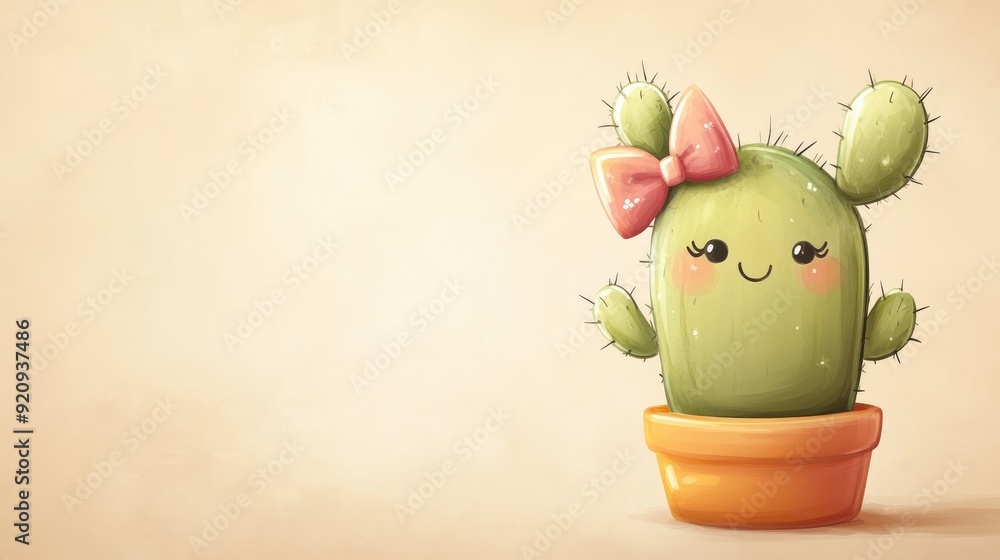 Poster sweet cactus cartoon with a joyful expression, wearing a tiny bow. background has ample space for pe