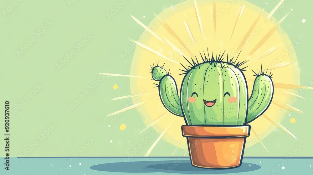 Poster sweet cartoon cactus with a content smile and a sun in the background. ample space for adding your o