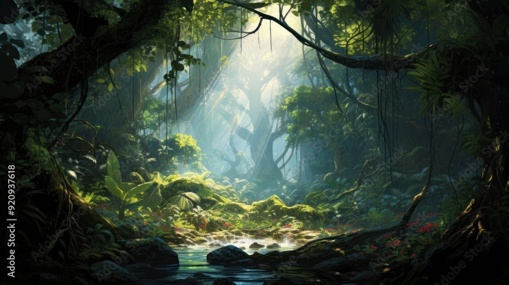 Poster a lush, green jungle with a stream running through it. sunlight filters through the dense canopy of 