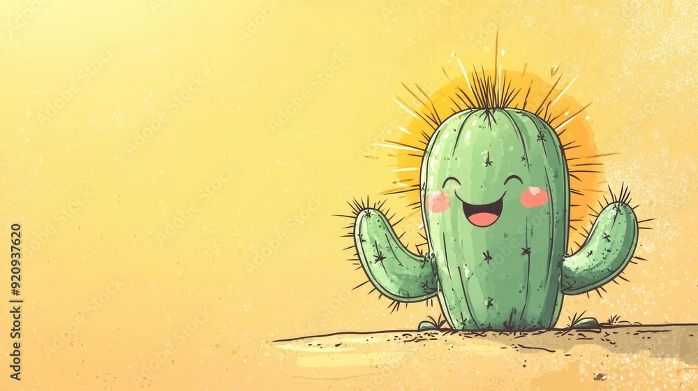 Poster sweet cartoon cactus with a content smile and a sun in the background. ample space for adding your o