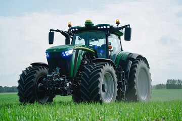 Obraz premium Tractor cultivating a lush green field during the day