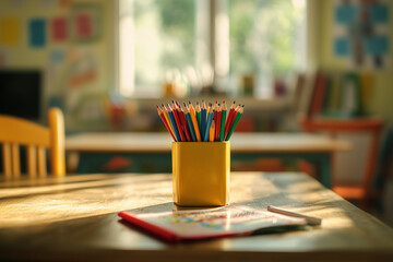 Coloring pencil in pencil case on the desk, Crayon in pencil case in classroom.