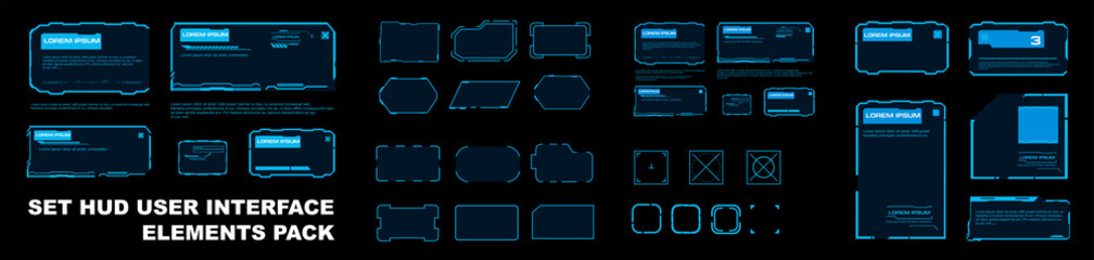Vector set of neon borders and frames for HUD user interface. Frames, windows and blocks with data. Modern text windows and HUD interface elements. Vector elements and frames template