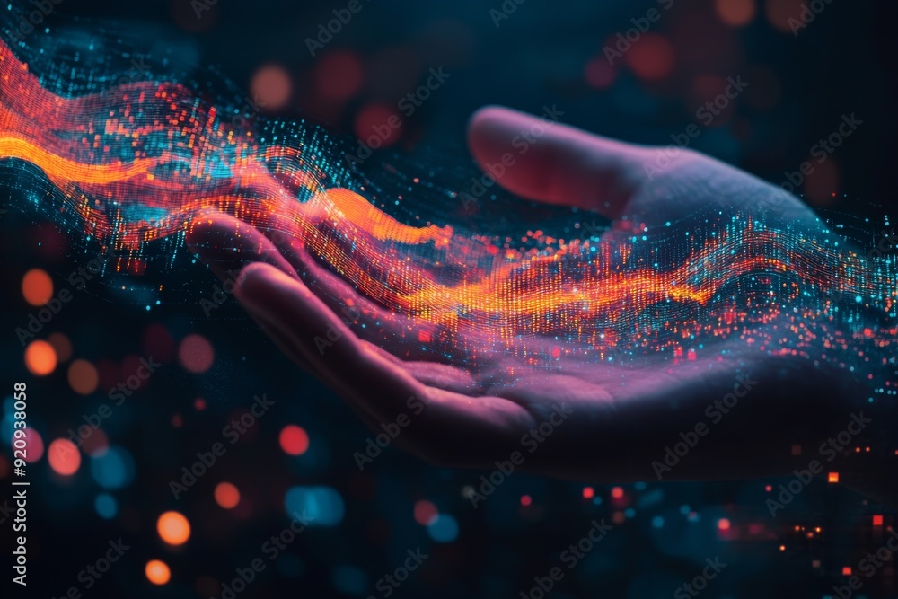 Poster a hand holds a holographic display showcasing floating data streams and business analytics, exemplif