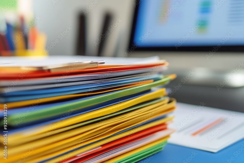 Poster a neatly arranged collection of multi-colored folders and documents is placed on a desk with a compu