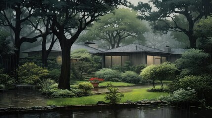 A modern house with a pond in the garden on a rainy day.