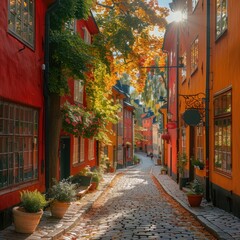 Fototapeta premium Sunlit Tranquility: Cobblestone Alley in Gamla Stan, Stockholm