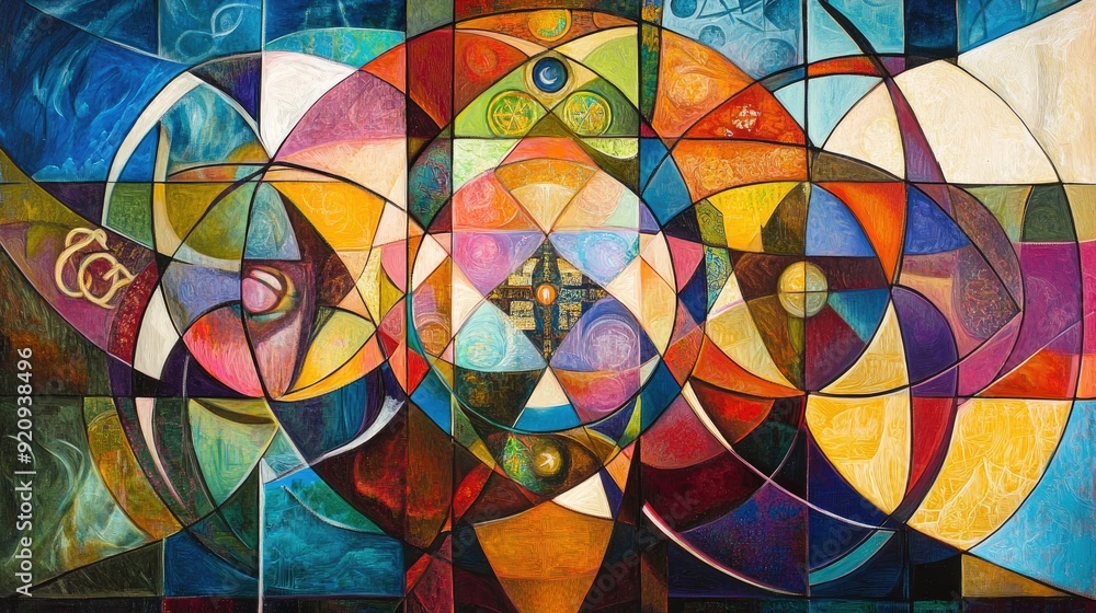 Poster vibrant abstract artwork with a dynamic mix of religious symbols, symbolizing unity and diversity