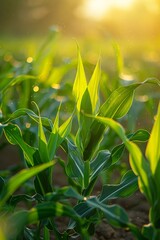 Fototapeta premium Vibrant green corn plants growing in a sunlit field, showcasing the beauty of agriculture and nature's bounty.