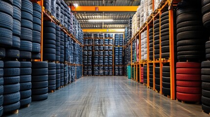 Fototapeta premium Factory storage with towering stacks of car tyres, demonstrating industrial capacity and organized logistics.