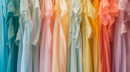 clothing stall with a array of colored dresses hanging on racks.