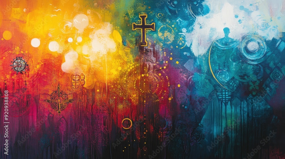Poster vibrant abstract artwork with a dynamic mix of religious symbols, symbolizing unity and diversity