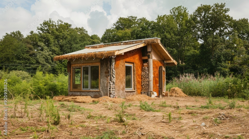 Poster write about the sustainable building materials used in constructing an off-grid house in the uk.