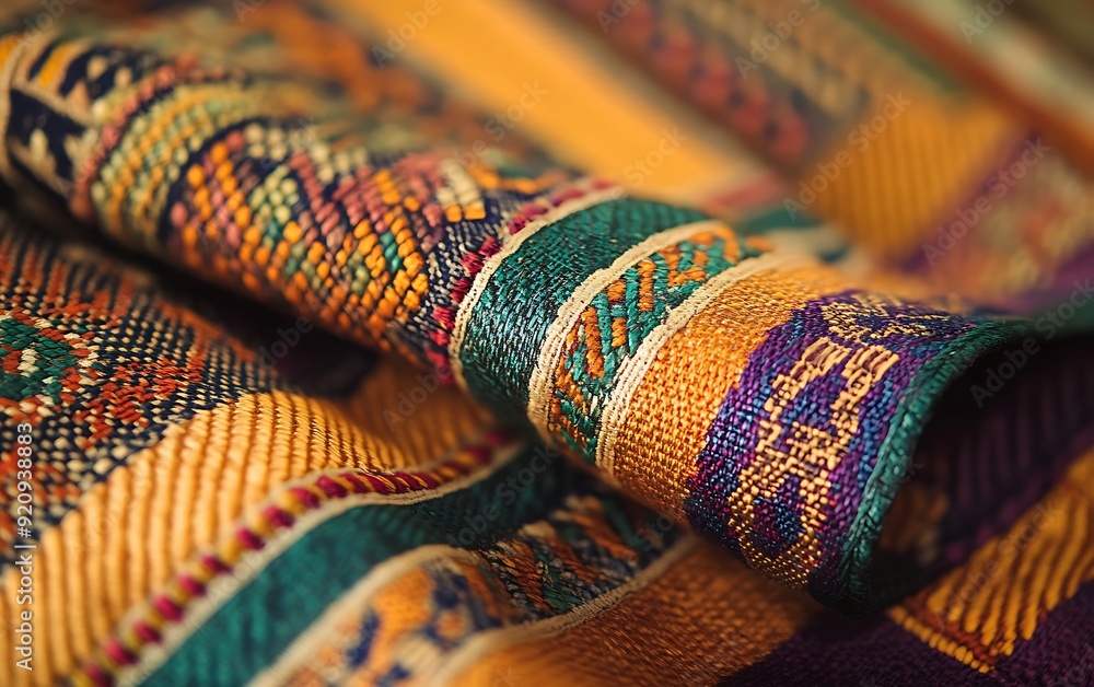 Poster close-up of woven textile from southeast asia with intricate patterns and vivid colors