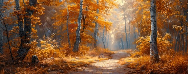 Forest trail with golden autumn foliage