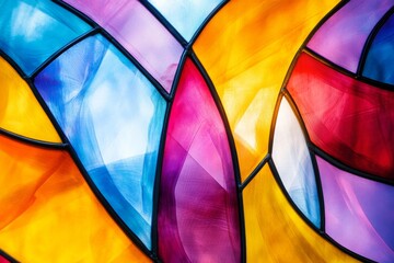 Fototapeta premium A closeup reveals vibrant stained glass patterns, displaying swirling colors and geometric designs that create an abstract visual experience
