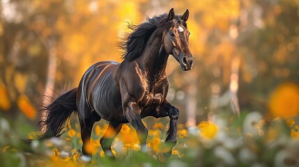 Black Horse Running Through Field of Flowers.