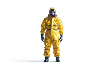 A man in a bright yellow hazmat suit stands alone, facing forward, against a plain backdrop in a controlled setting, highlighting safety and isolation