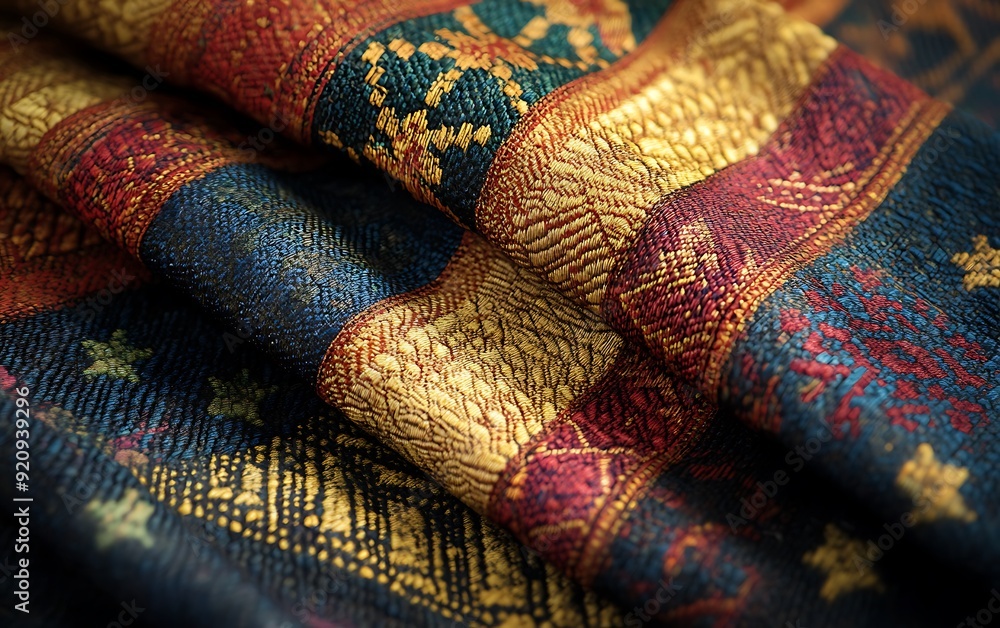 Poster close-up of woven textile from southeast asia with intricate patterns and vivid colors