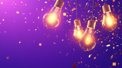 Winner. Retro congratulations banner with glowing light bulbs and golden confetti on a burst purple background. Ideal for poker, jackpot, roulette, cards, or lottery winners.