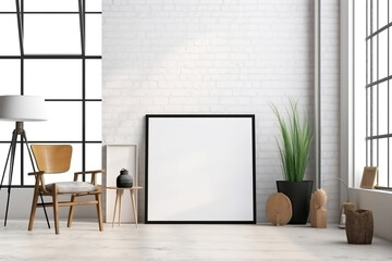 Fototapeta premium Minimalist home interior with wooden chair, desk, and blank framed poster mockup
