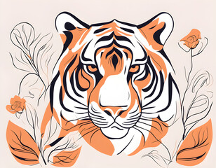 Fototapeta premium colorful Abstract tiger with flowers by one line vector drawing. Portrait minimalistic style background