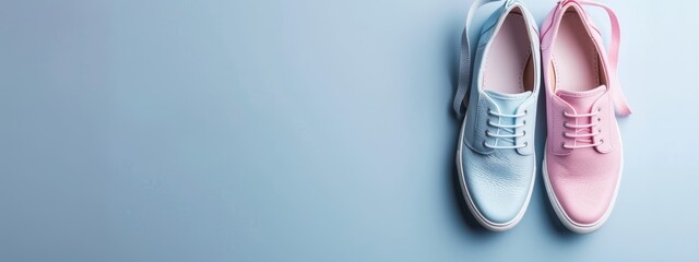  A pair of pink-and-blue shoes atop a light-blue surface Pink shoelaces visible