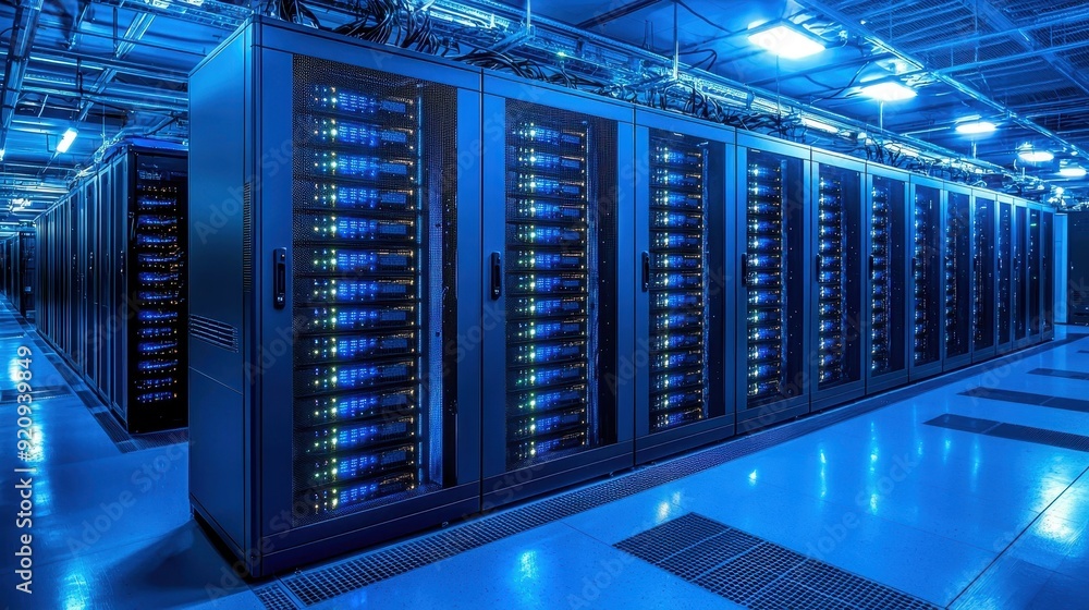 Aufkleber a futuristic data center showcasing rows of servers illuminated by blue lights, representing advance