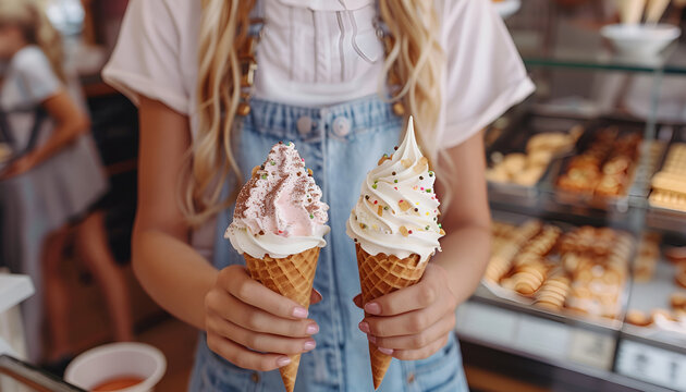 Female seller holding two yummy ice creams in waffle cone at the shop, close-up