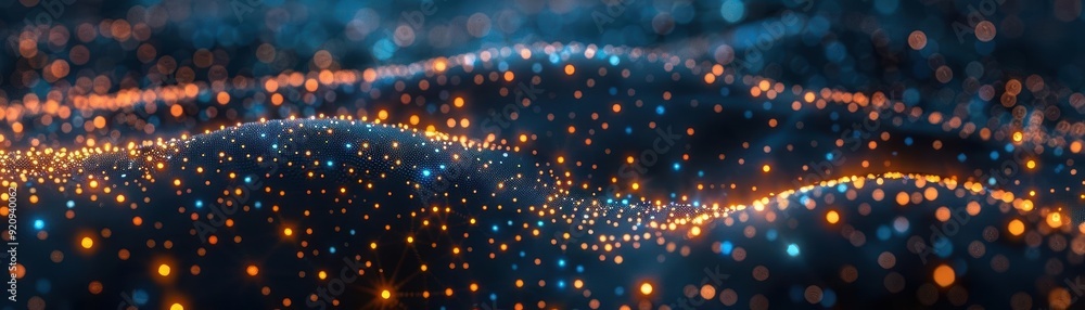 Poster Vibrant digital landscape featuring flowing lights and colorful particles, creating a mesmerizing depth and luminous effect.