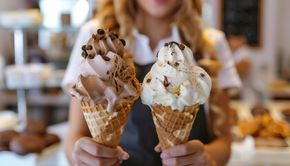 Female seller holding two yummy ice creams in waffle cone at the shop, close-up