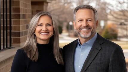 A smiling couple stands side by side, radiating happiness in their garden, dressed elegantly for a casual outing, enjoying each other's company