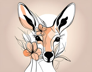 Obraz premium colorful Abstract kangaroo face with flowers by one line vector drawing. Portrait minimalistic style background