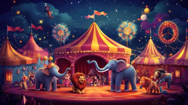 Whimsical cartoon circus with an animal act featuring elephants, lions, and monkeys performing tricks under a vibrant big top