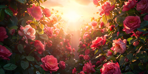 A field of roses with the sun shining through the trees
