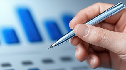 A person holding a pen, analyzing financial data on a report with blue bar graphs in the background, representing business insights.