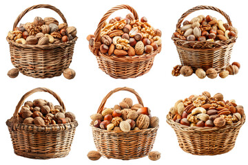 Six Wicker Baskets Overflowing with Mixed Nuts