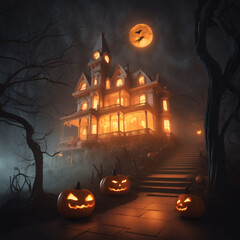 A haunted Victorian mansion surrounded by fog and twisted trees, with glowing jack-o'-lanterns lining the pathway | Variant 2