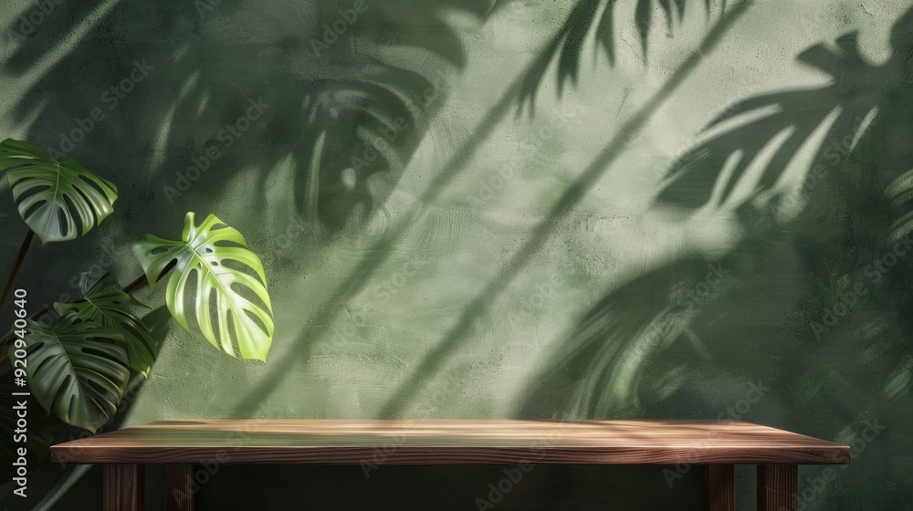 Aufkleber a table with a plant on it and a wall behind it