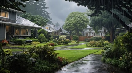 A rainy day in the suburbs with a house and lush green foliage.
