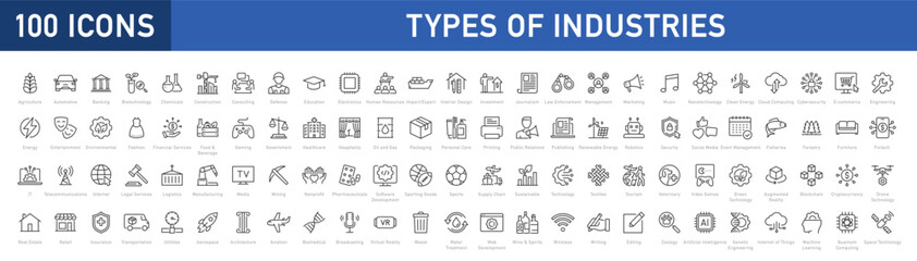 Set of 100 types of industries icons. Editable Stroke. Technology, finance, healthcare, automotive, energy, retail, construction, hospitality, tourism, education, agriculture. Vector illustration.