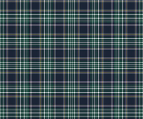 Plaid pattern, navy blue, green, white, seamless for textiles and designing clothing, skirts, pants, aprons, tablecloths, blankets or decorative fabrics. Vector illustration.