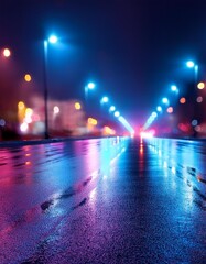 Background of wet asphalt with neon light. Blurred background, night lights, reflection.