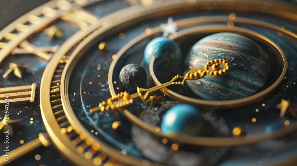 Poster a 3d-rendered clock with a cosmic theme, featuring planets and stars as part of the time display, pe