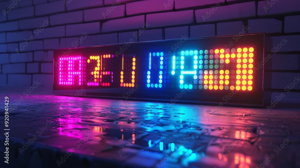 Poster a 3d-rendered digital clock with a colorful, customizable led display, perfect for tech enthusiasts.