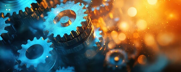 Closeup of gears in motion, engineers monitoring, copy space, rich colors, Double exposure silhouette with factory setting