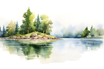 Conifer forest with a path in watercolor clipart style
